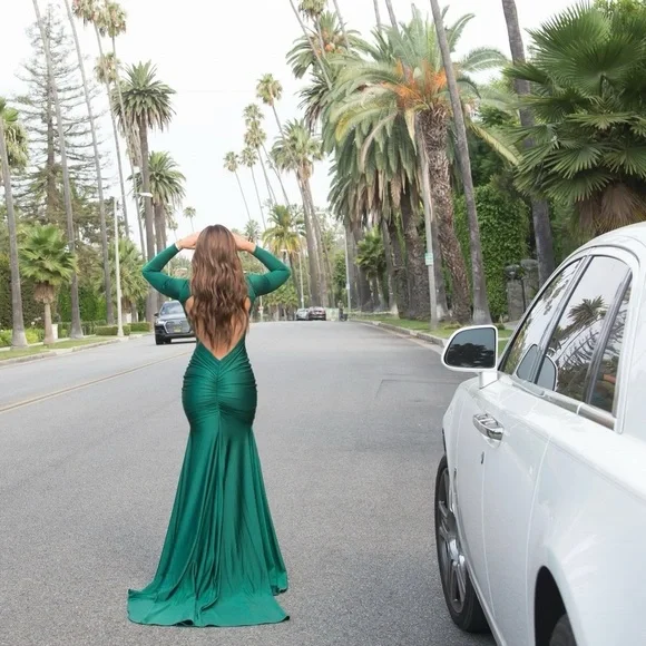 green emerald velvet dress Michael Costello x Revolve Chartreuse with Low Draped Back and Back La   The Saved Collection